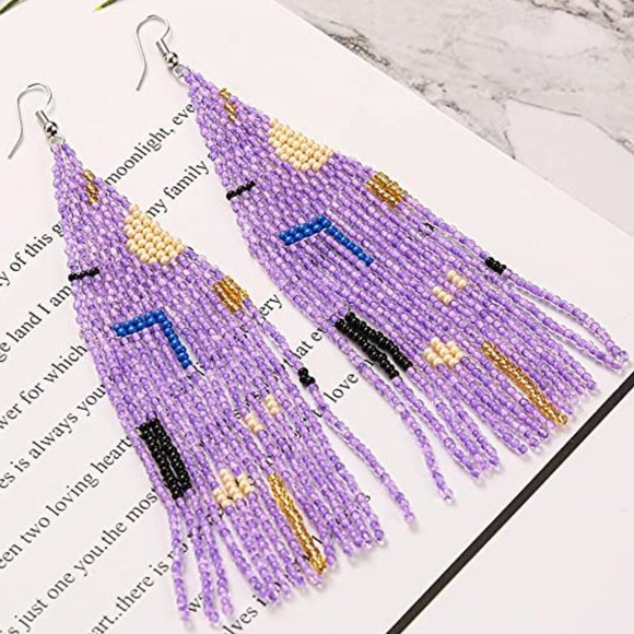 Long 5" Multicolor Abstract Lavender Handmade Beaded Oversized Boho Earrings New - Picture 2 of 6